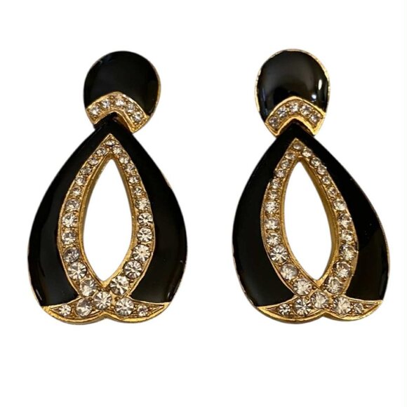 Vintage Black Enamel Crystal Rhinestone Clip On Earrings 80s Excellent Condition - Picture 1 of 5